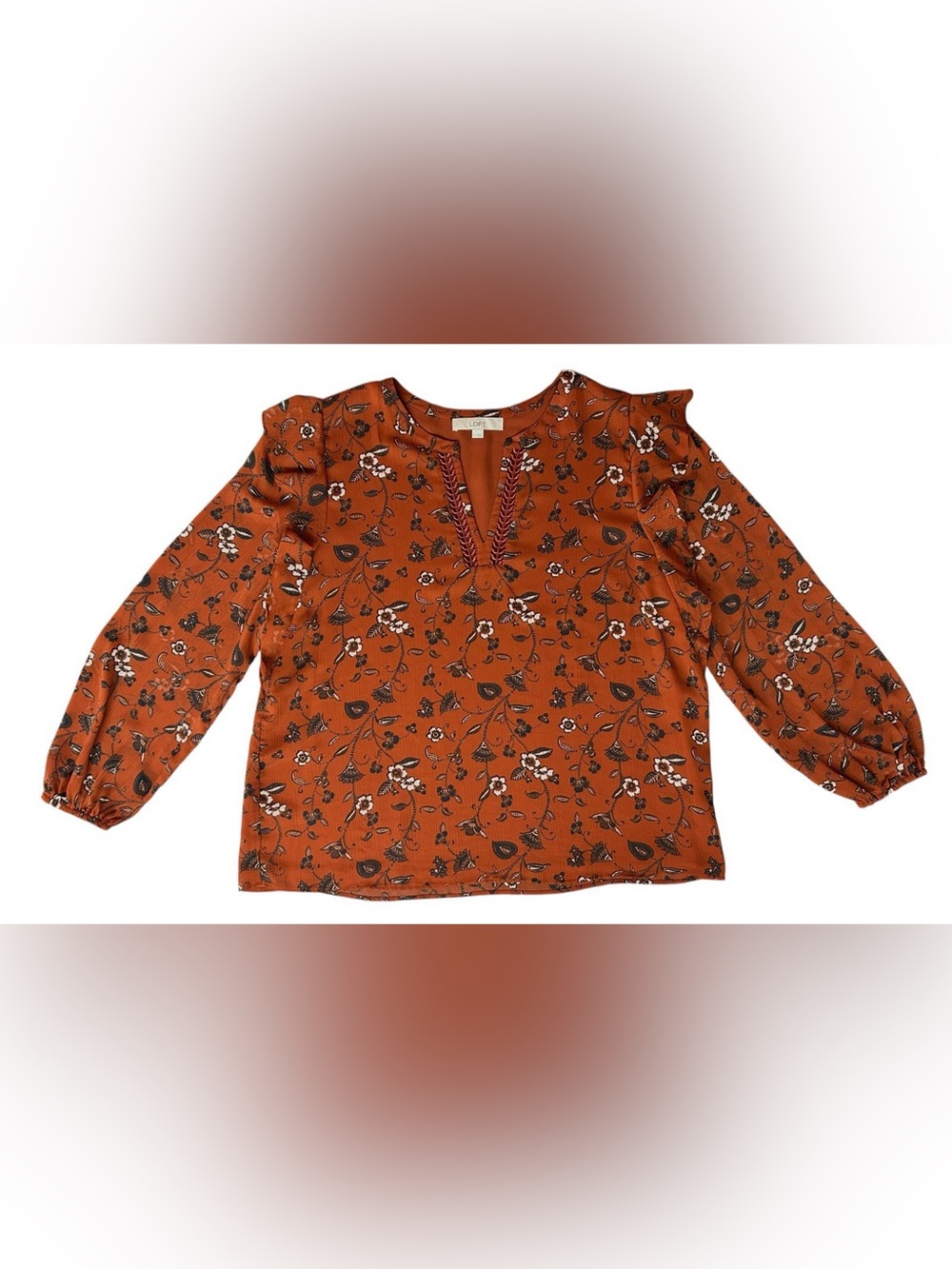 LOFT Floral Split Neck Ruffle Lined Blouse Top Women’s Sz XL NWOT Terracotta
